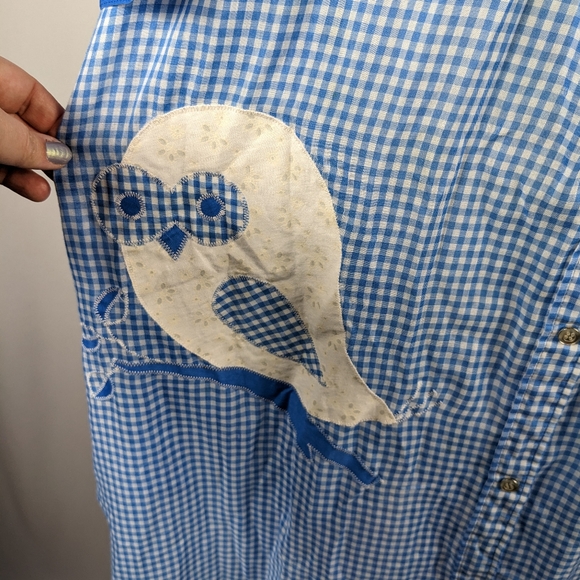 Models Coat Blue White Gingham Plaid House Coat House Dress Owl Bird Applique - Picture 4 of 9